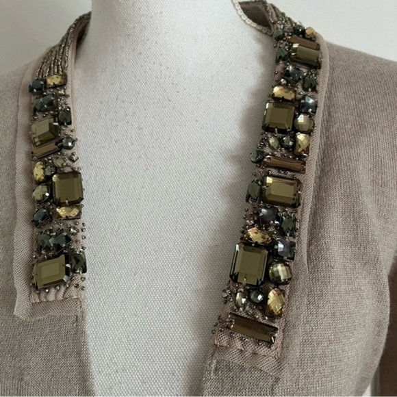 Loft • Beige Tan Gemstone Jewelled Merino Wool Cardigan - Picture 5 of 6